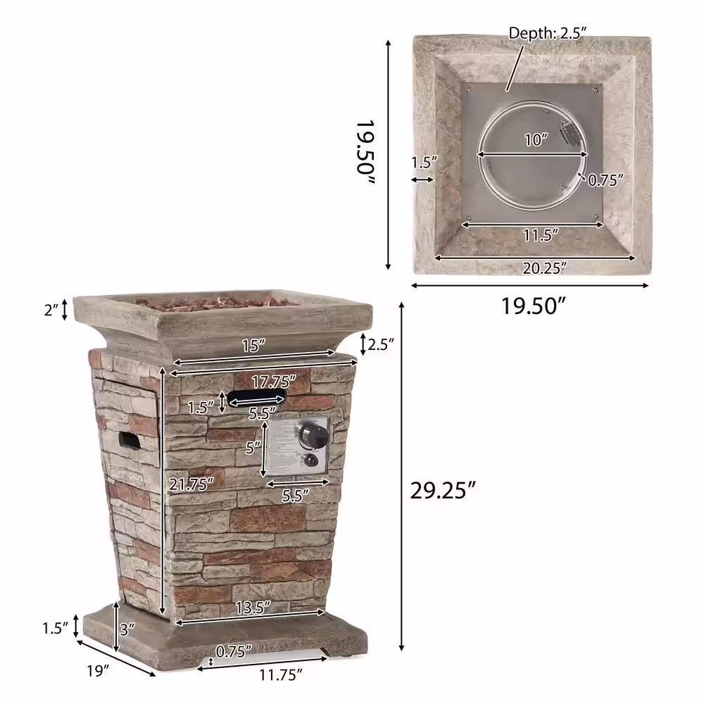 Noble House Laguna 19.50 in. x 29.00 in. Square Stone MGO Fire Pit - 40,000 BTU