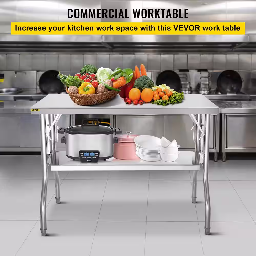 VEVOR Commercial Worktable Workstation 48 x 24 in. Folding Commercial Prep Table Stainless Steel Kitchen Utility Table,Silver