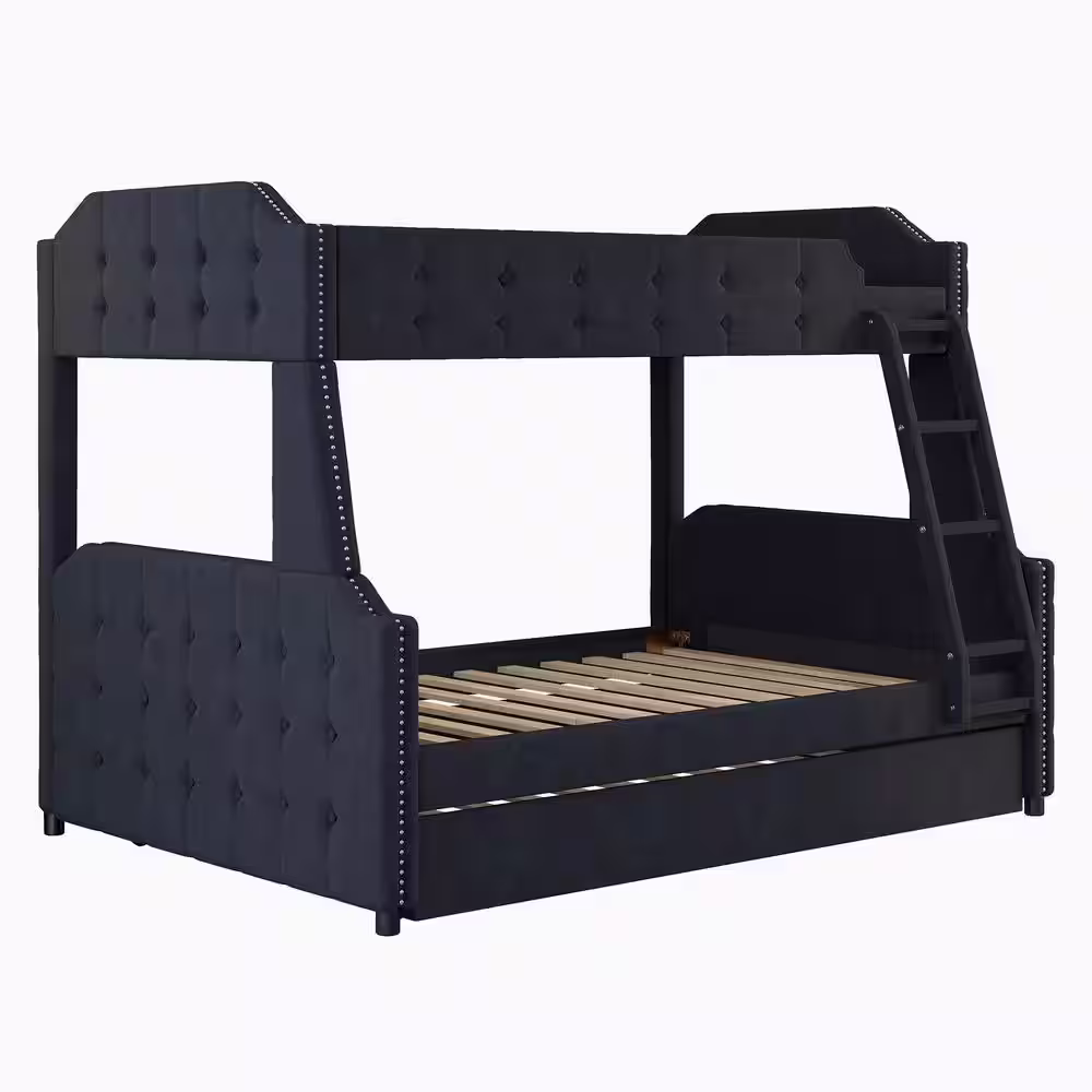 Polibi Black Twin over Full Upholstered Bunk Bed with Trundle and Ladder, Tufted Button Design