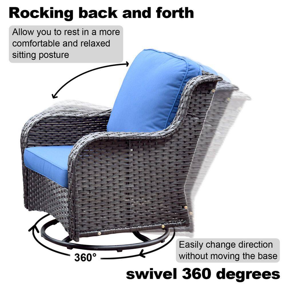 XIZZI Erie Lake Brown 8-Piece Wicker Patio Conversation Seating Sofa Set with Navy Blue Cushions and Swivel Rocking Chairs