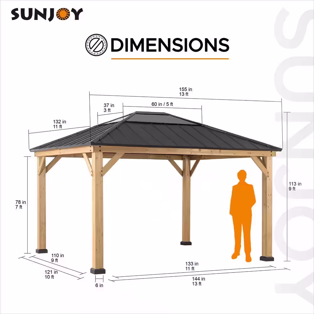 Sunjoy Mavis 13 ft. x 11 ft. Cedar Framed Gazebo with Black Steel and Polycarbonate Hip Roof Hardtop