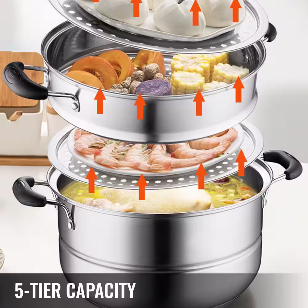 VEVOR 5-Tier Stainless Steel Steamer Dia-11 in. Multi-Layer Cookware Pot with Handles Work with Gas, Electric, Grill Stove Top