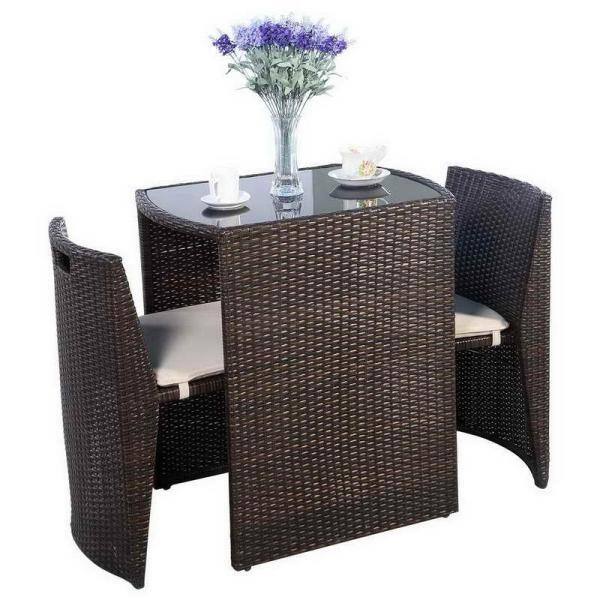 Costway Brown 3-Piece Wicker Outdoor Dining Set with White Cushions