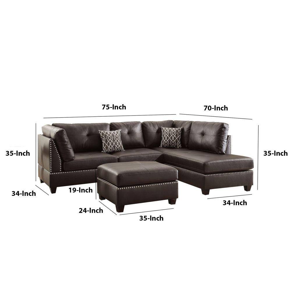 Benjara 3-Piece Brown Faux Leather 4-Seater L-Shaped Sectional Sofa with Wood Legs