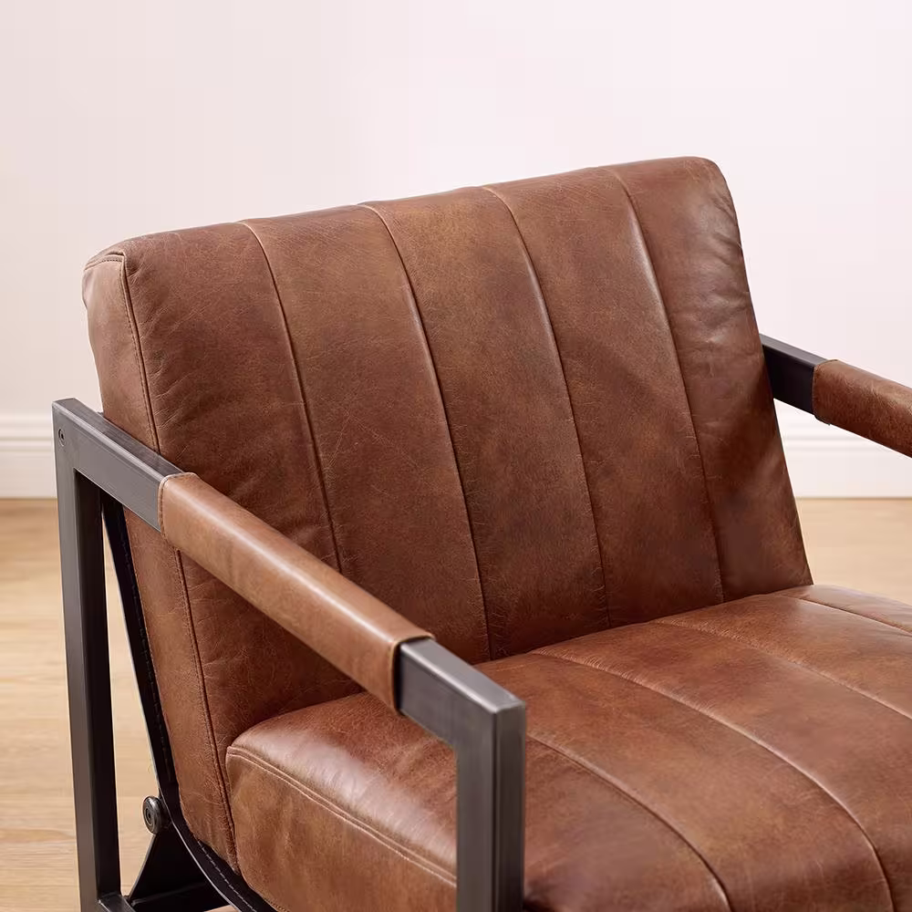 None Top Leather Cognac Genuine Leather Accent Arm Chair with Black Metal Frame