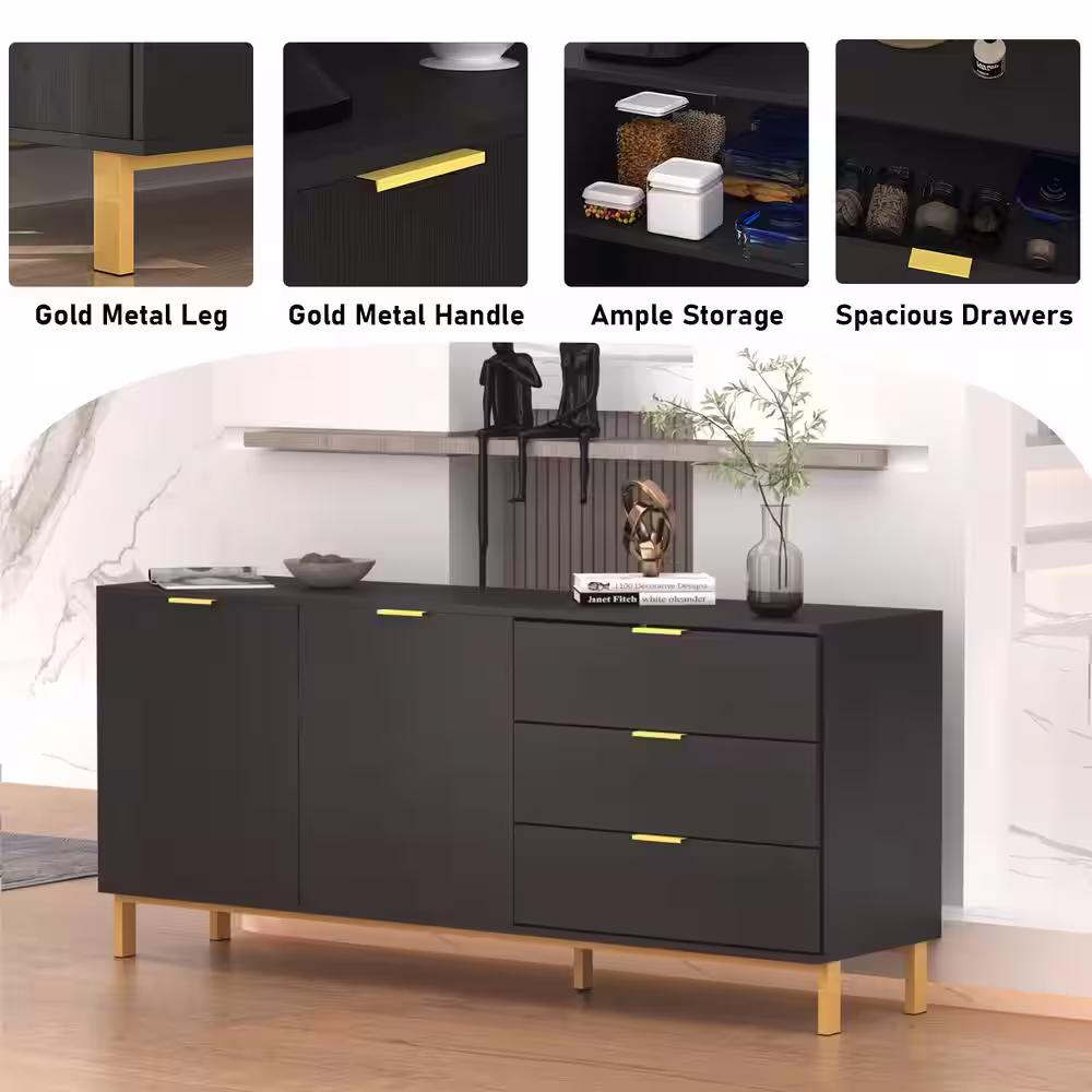 None 62.9 in. W Black Paint Sideboard Kitchen Buffet Cupboard with Drawers and Shelves, Metal Legs
