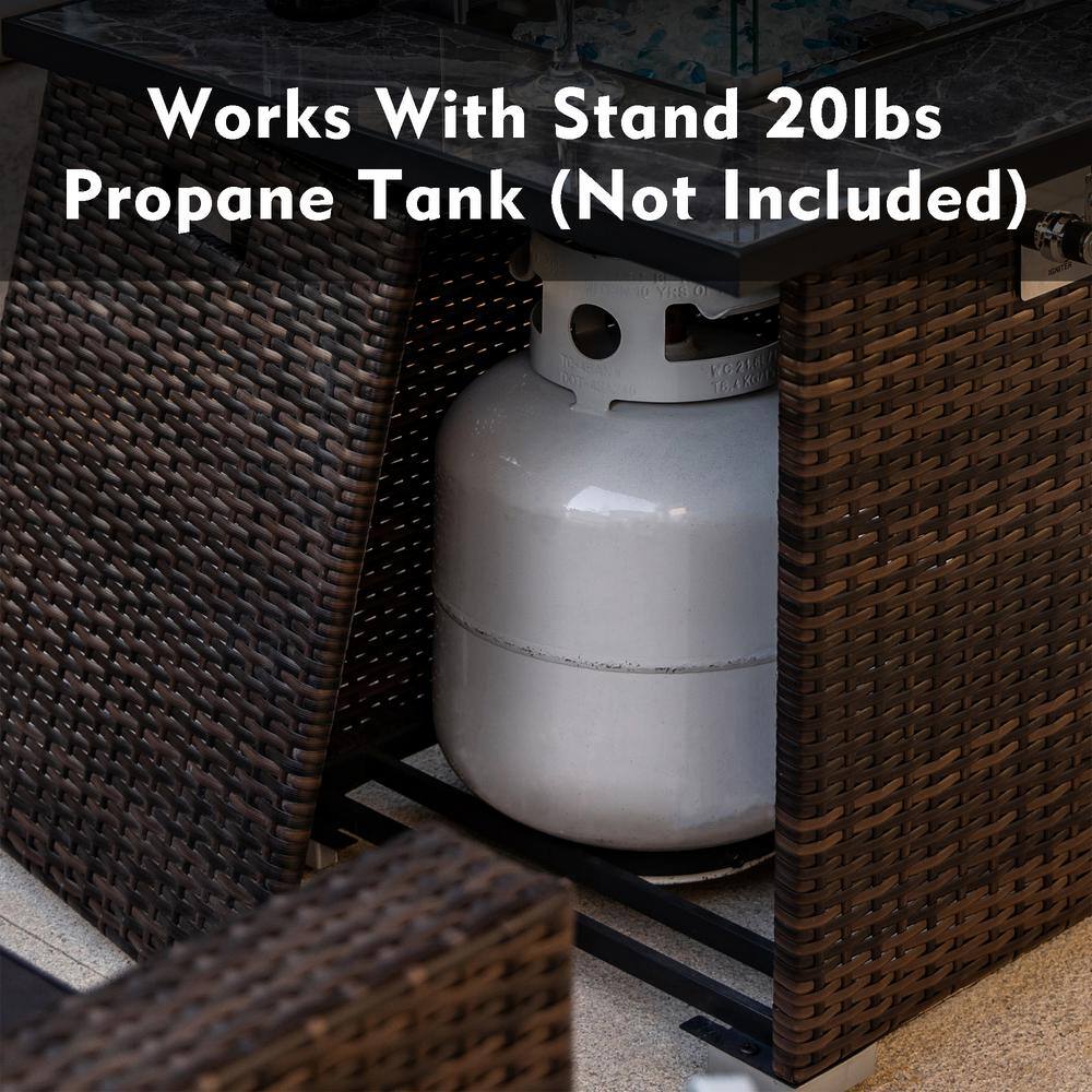 SUNRINX Brown Square Steel 30 in. 40000 BTU Propane Fire Pit Table with Glass Rocks and Rain Cover