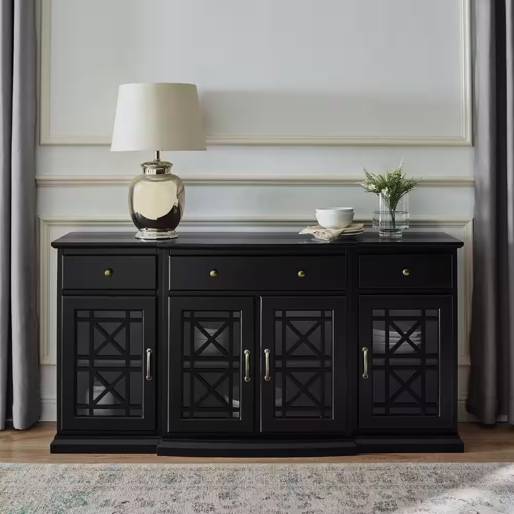 Welwick Designs Landon Fretwork 60 in. Black 4-Door Sideboard with 3-Drawers