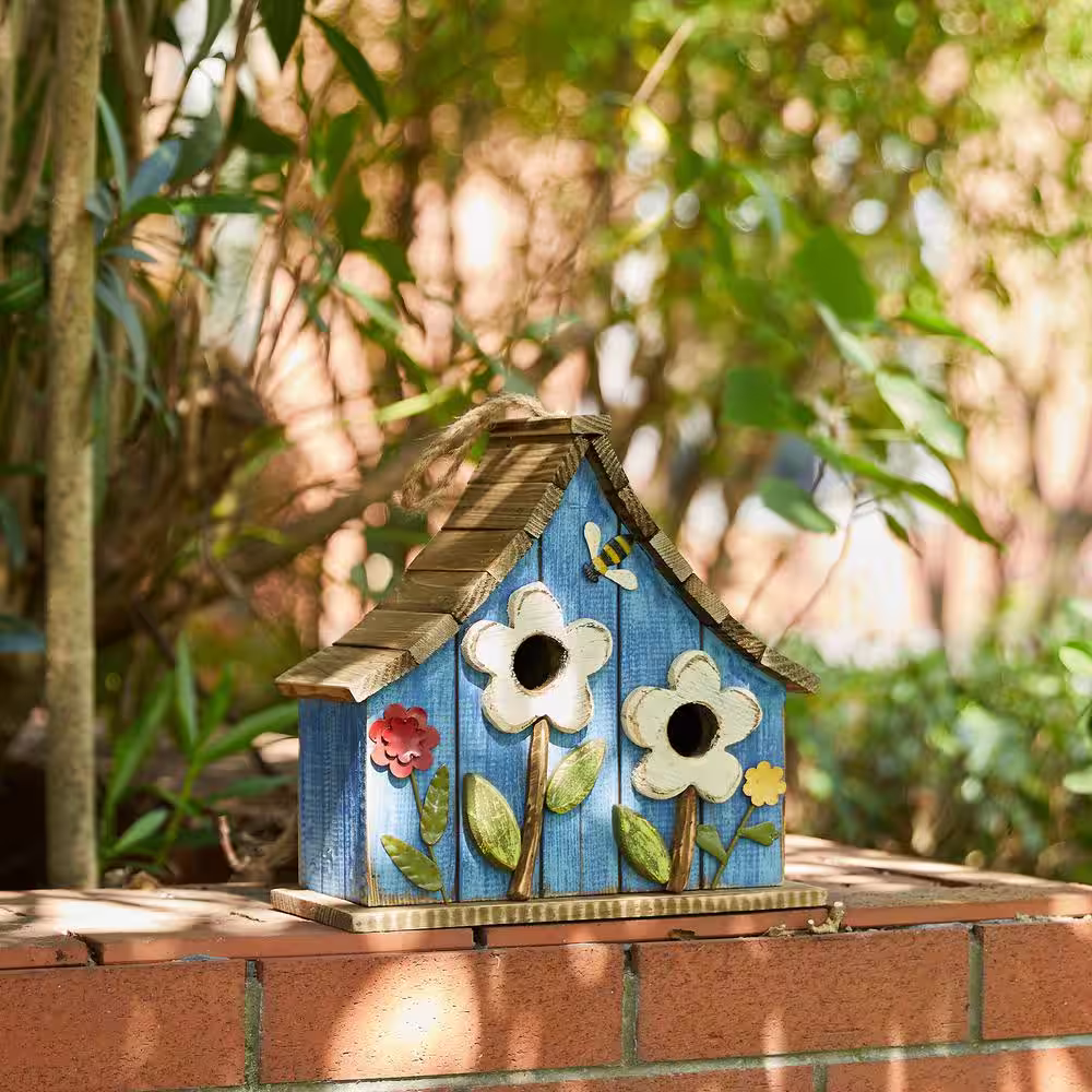 Glitzhome 10.5 in. H Distressed Solid Wood Birdhouse with 3D Flowers
