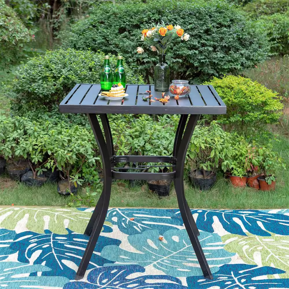 None 3-Piece Metal Square Outdoor Bistro Patio Bar Set with Slat Bar Table and Rattan Bistro Chairs with Gray Cushion