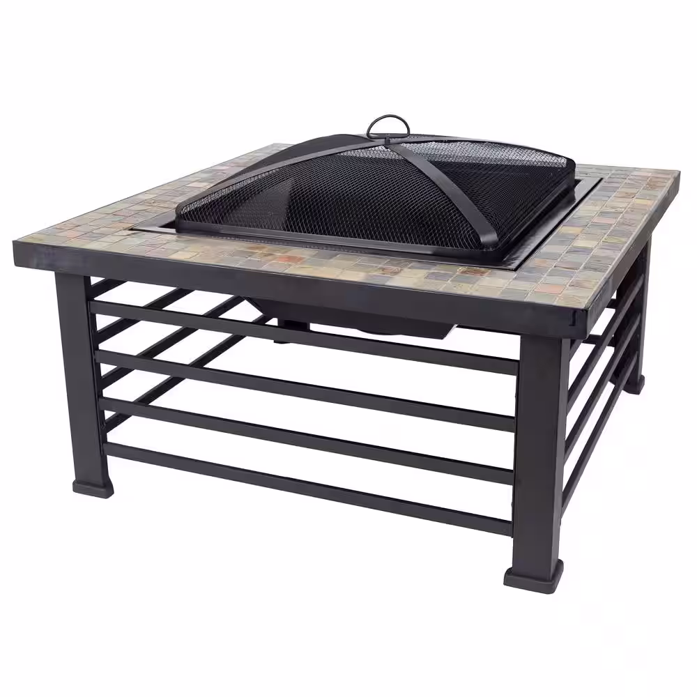 Pleasant Hearth Cascade Slate Top 34 in. Wx22.5 in. H Square Steel Wood Black Fire Pit