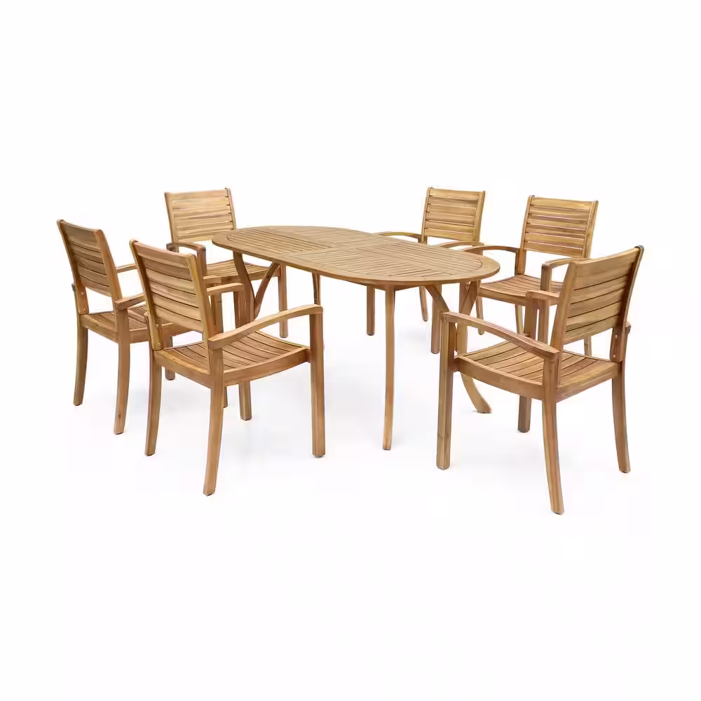 Noble House Holloway Teak Brown 7-Piece Wood Outdoor Dining Set