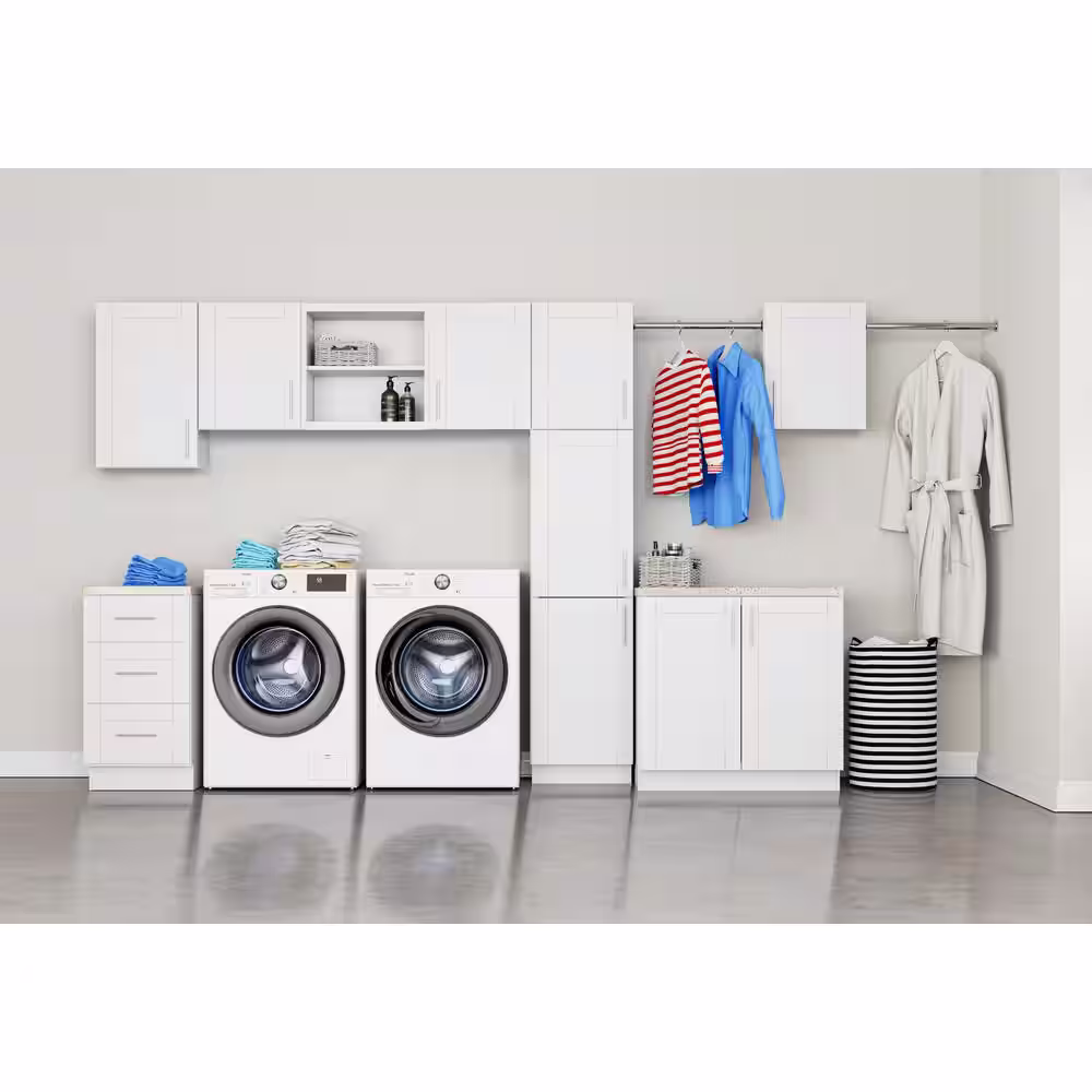 MILL'S PRIDE Richmond Verona White 23 in. H x 58 in. W x 12 in. D Plywood Laundry Room Wall Cabinet and Pole ext 76 in. w/ 2 Shelves