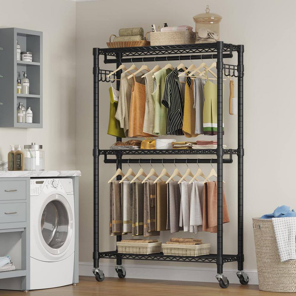 None Black Metal Garment Clothes Rack with Wheels 45 in. W x 80 in. H