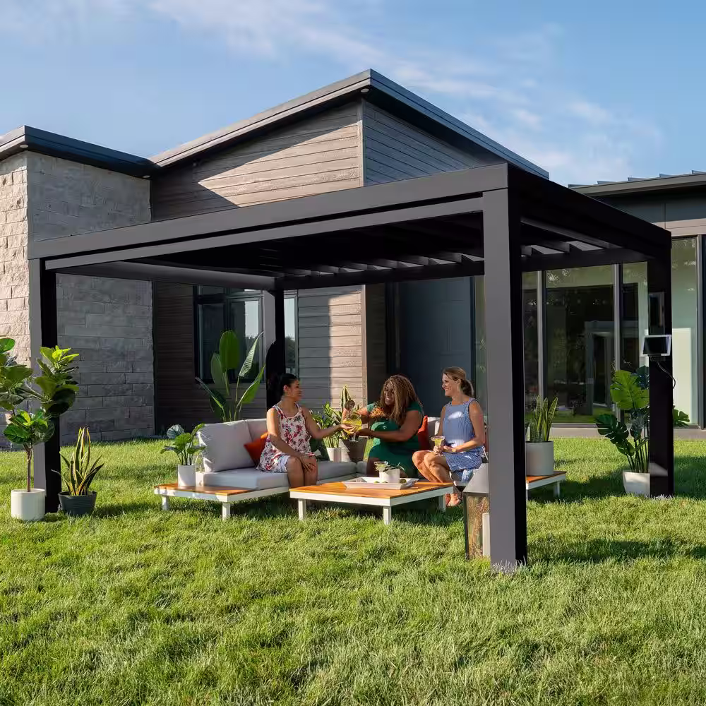 None Trenton 14 ft. x 12 ft. Black Steel Modern Pergola with Sail Shade Soft Canopy