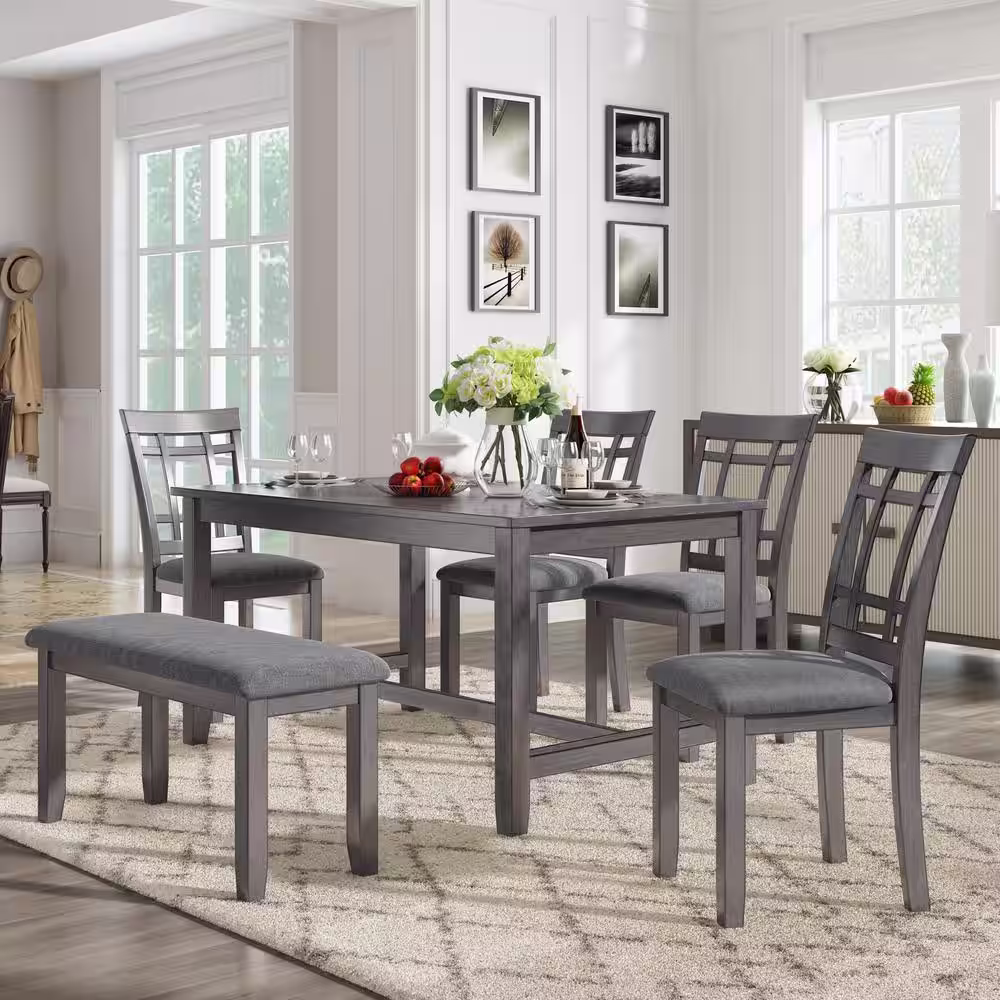 Harper & Bright Designs 6-Piece Wood Top Gray Dining Table Set with 4 Chairs and 1 Bench