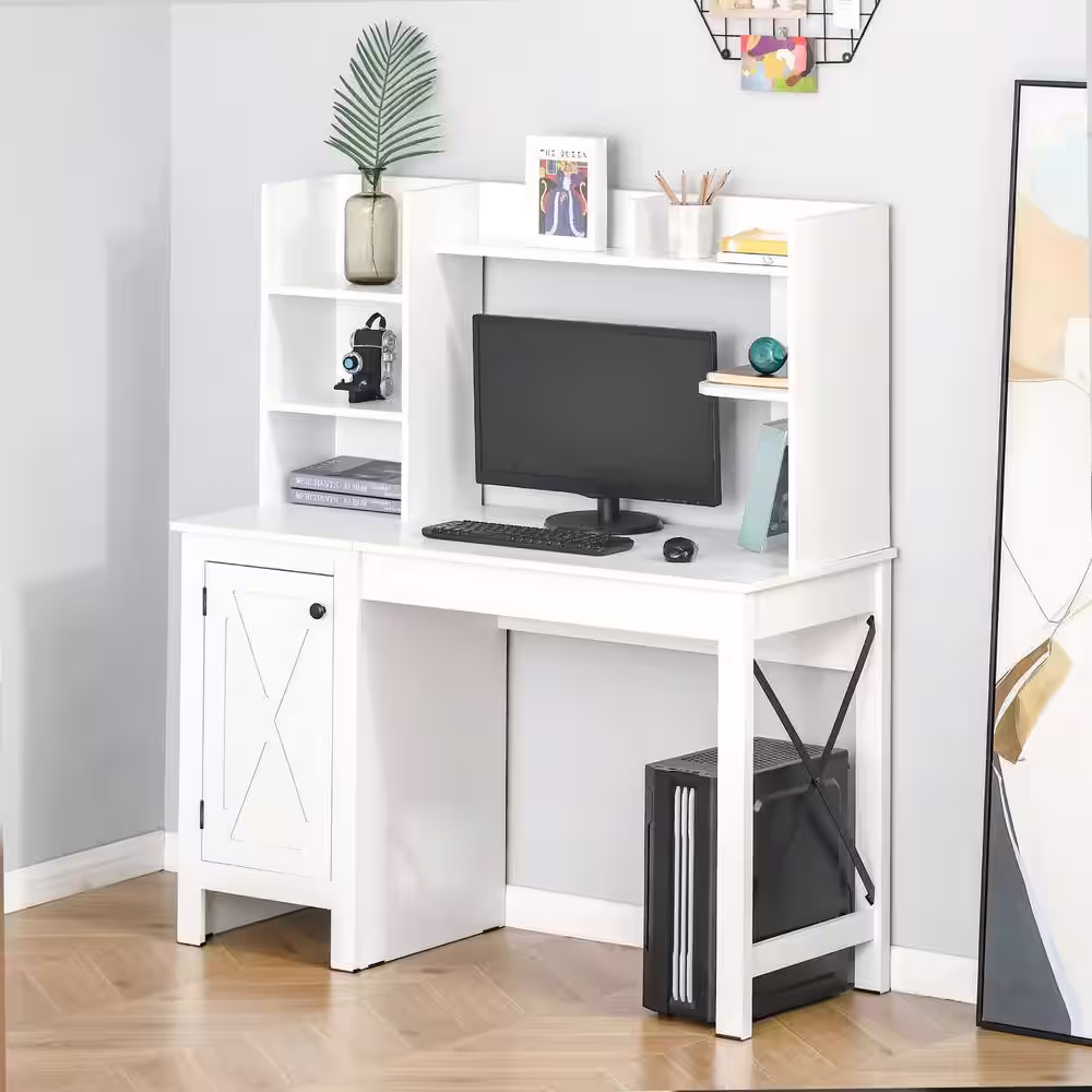 HOMCOM Farmhouse 19.75 in. White Wooden Computer Desk with Hutch and Cabinet