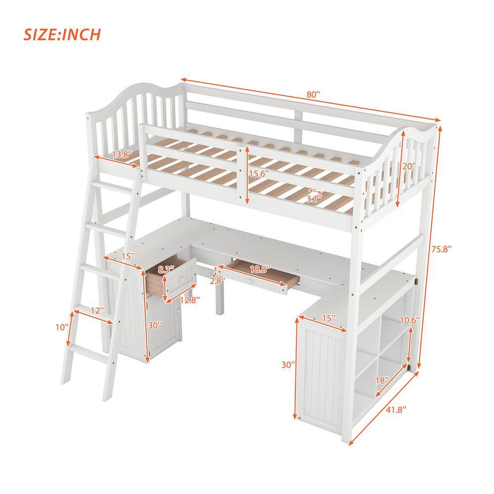 Harper & Bright Designs White Twin Size Wooden Loft Bed with Drawers, Cabinet, Shelves and Desk
