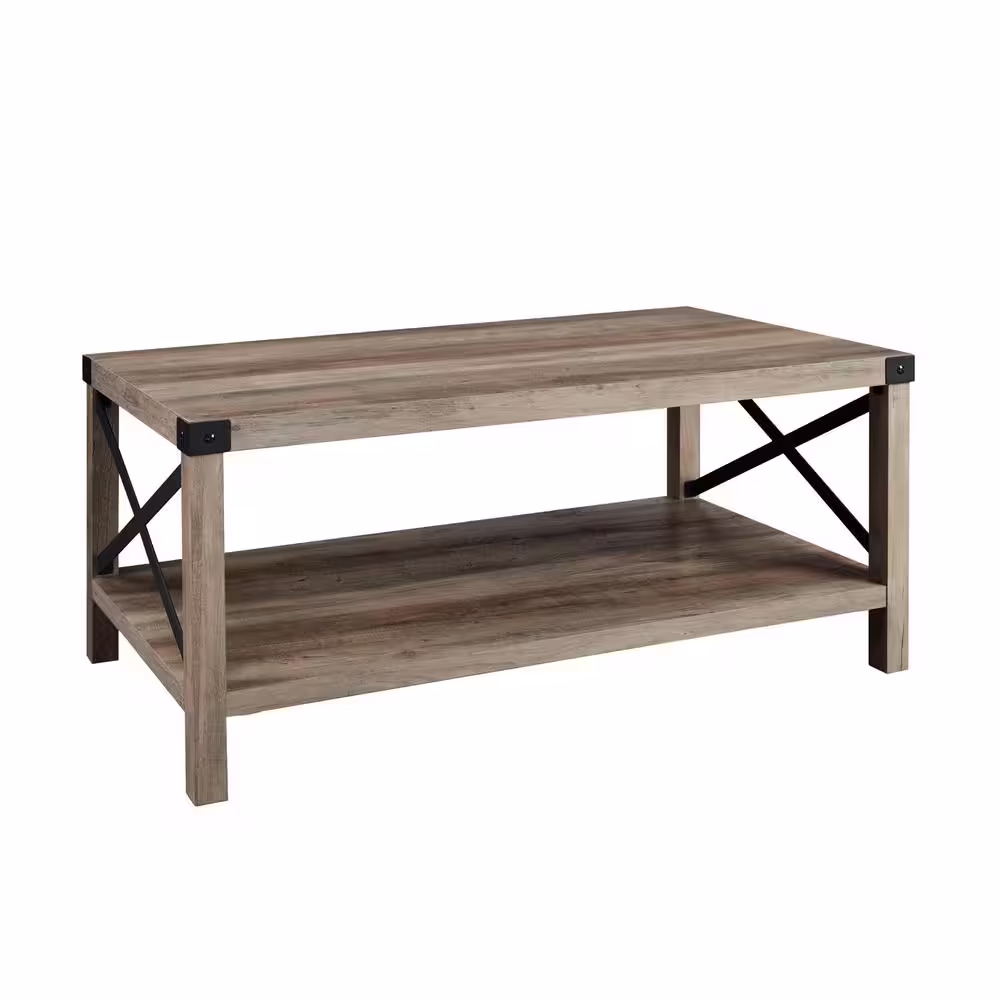 Walker Edison Furniture Company Urban Industrial 40 in. Grey Wash Medium Rectangle MDF Coffee Table with Shelf