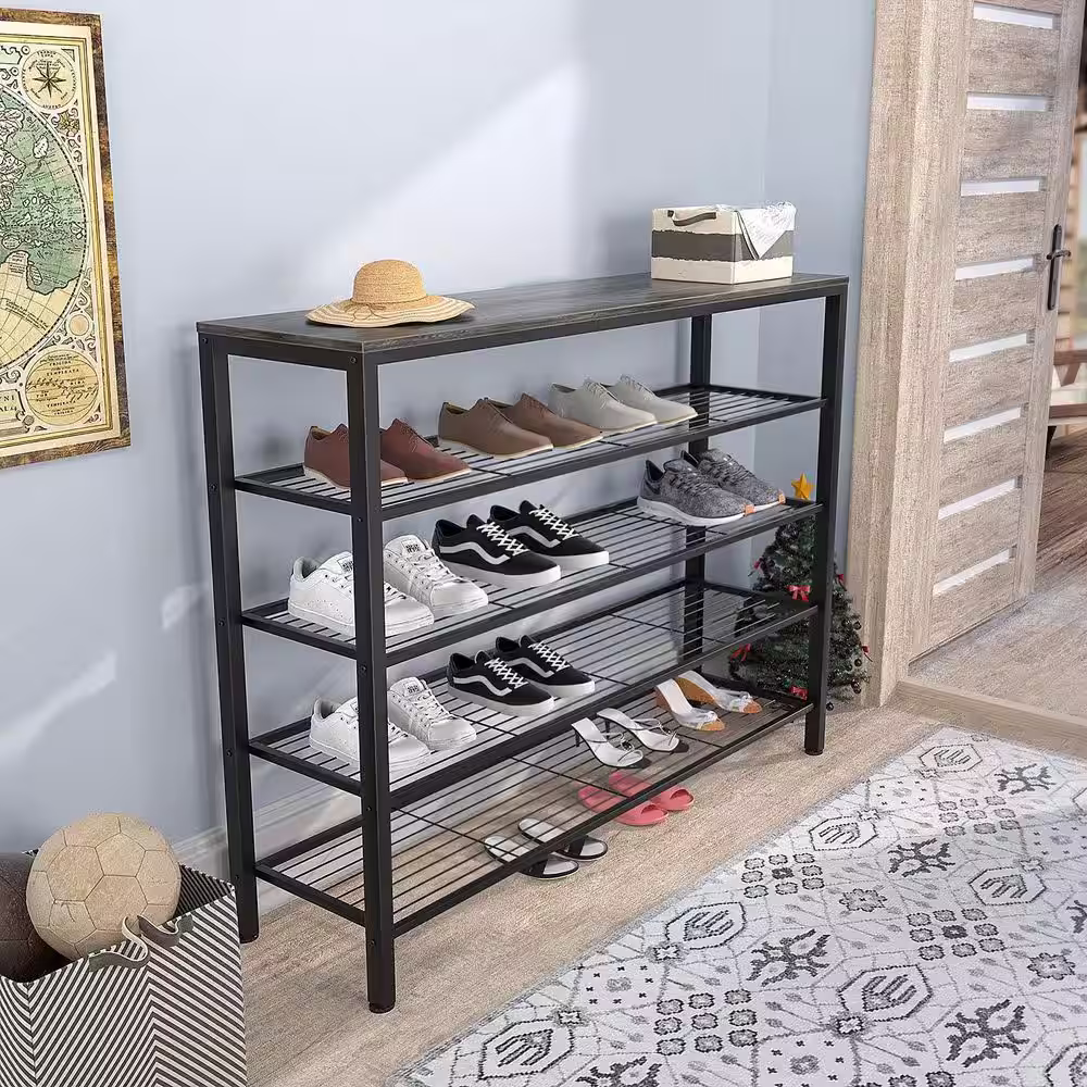 None 36.6 in. H 16-Pair 5-Tier Black Metal Shoe Rack