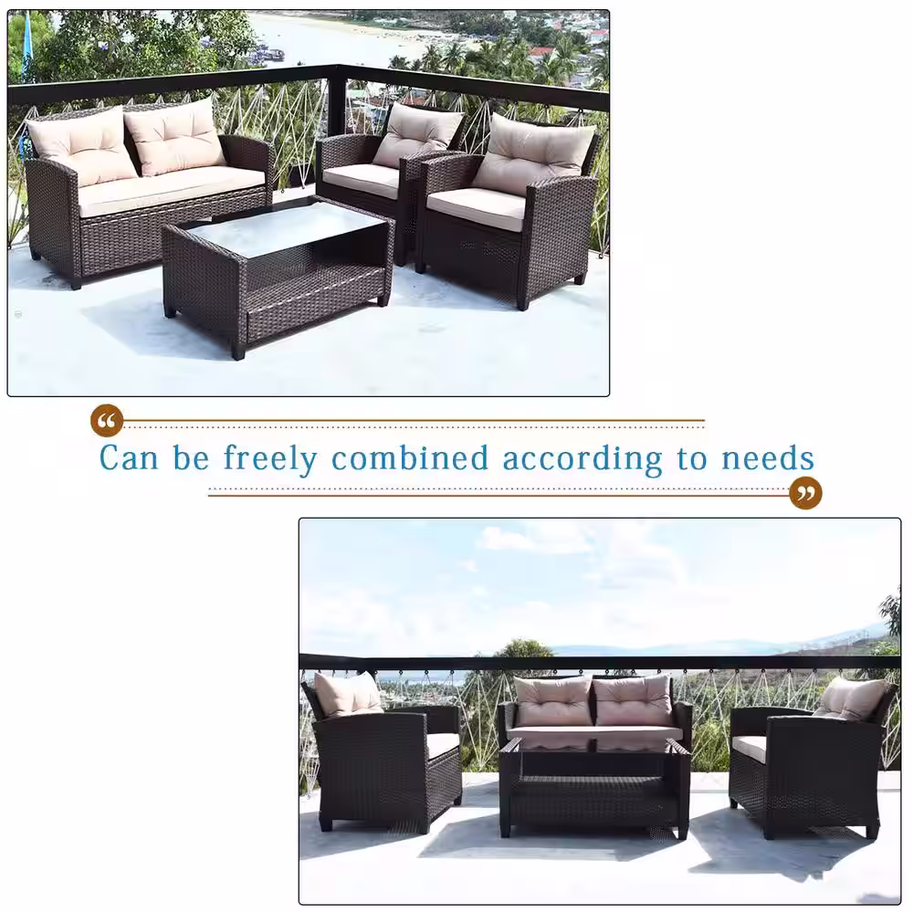 Costway 4-Pieces Wicker Patio Conversation Set Cushioned Sofa Armrest Table with Beige Cushions