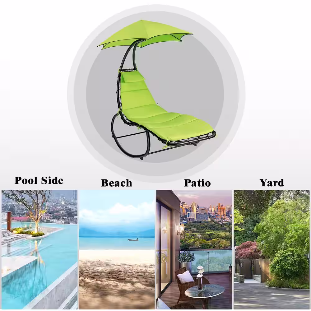 SUNRINX 6 ft. Free Standing Patio Hammock Chair Floating Hanging Chaise Lounge Chair with Green Canopy and Built-in Pillow