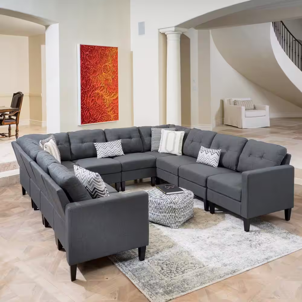 Noble House Emmie 10- Piece Dark Grey Fabric 8-Seat U Shaped Symmetrical Sectionals with Armrests