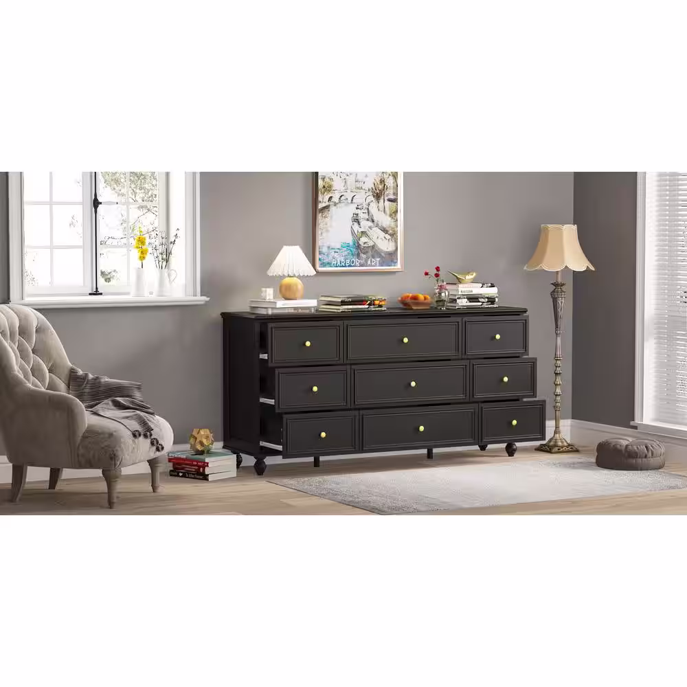 None Black Wooden 9-Drawer Chest of Drawers 63 in. W x 31.5 in. H x 15.7 in. D Dresser, Modern European Style