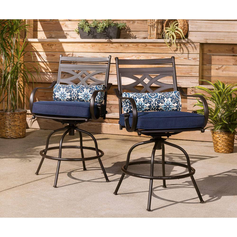 Hanover Montclair 3-Piece Metal Outdoor Bar Height Dining Set with Navy Blue Cushions, Swivel Rockers and Table