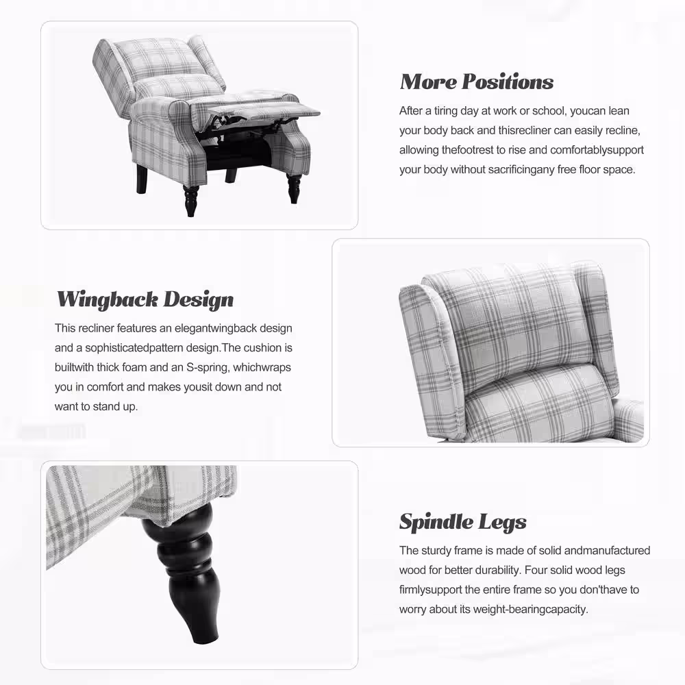 JAYDEN CREATION Bogazk Modern Plaid Grey Polyester Pattern Manual Recliner with Wingback and Rubber Wood Legs