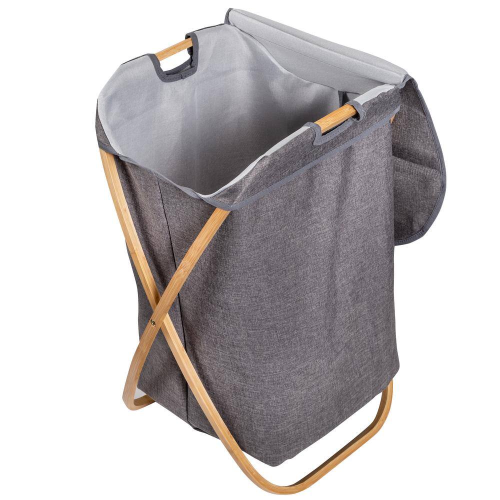 Honey-Can-Do Gray and Bamboo Collapsible Canvas Hamper with Handles