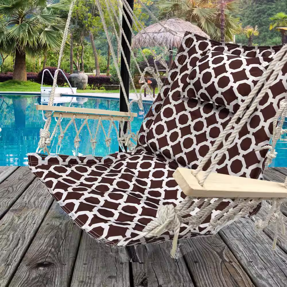 None 2.5 ft. Hammock Chair with Wooden Armrests in Brown with White Rings