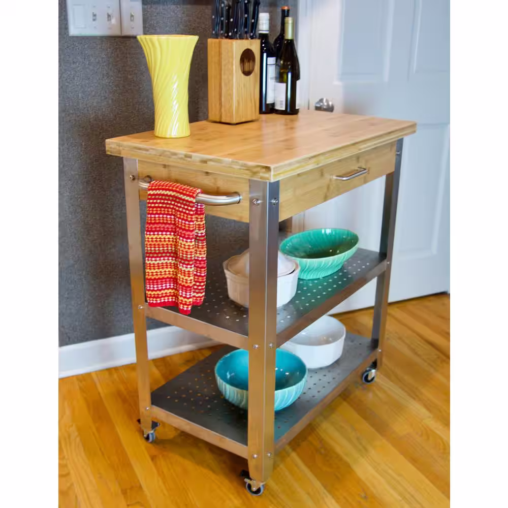 Eccostyle 1 Drawer, 2 Shelf Natural Bamboo & Stainless Steel Rolling Kitchen Cart with Side Dishtowel Bar