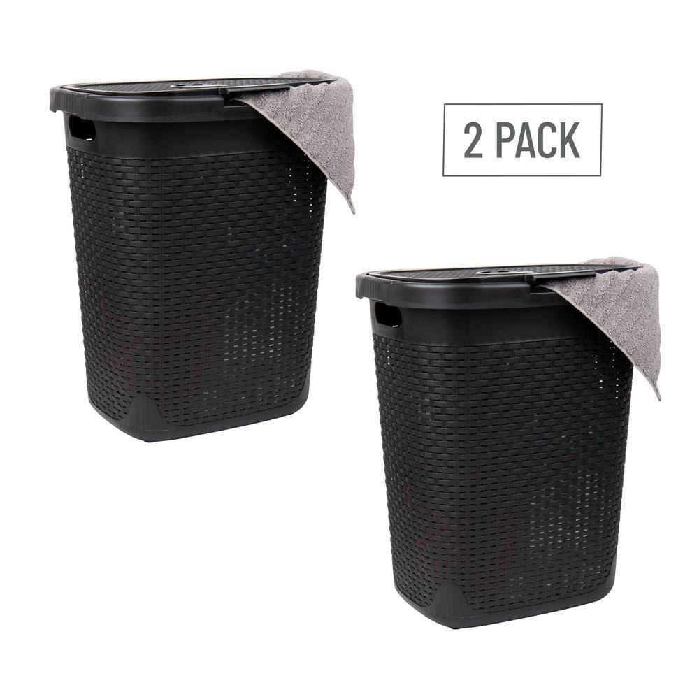 Mind Reader Basket Collection, Slim Laundry Hamper, 50 Liter (15kg/33lbs) Capacity, Attached Hinged Lid, Set of 2, Black