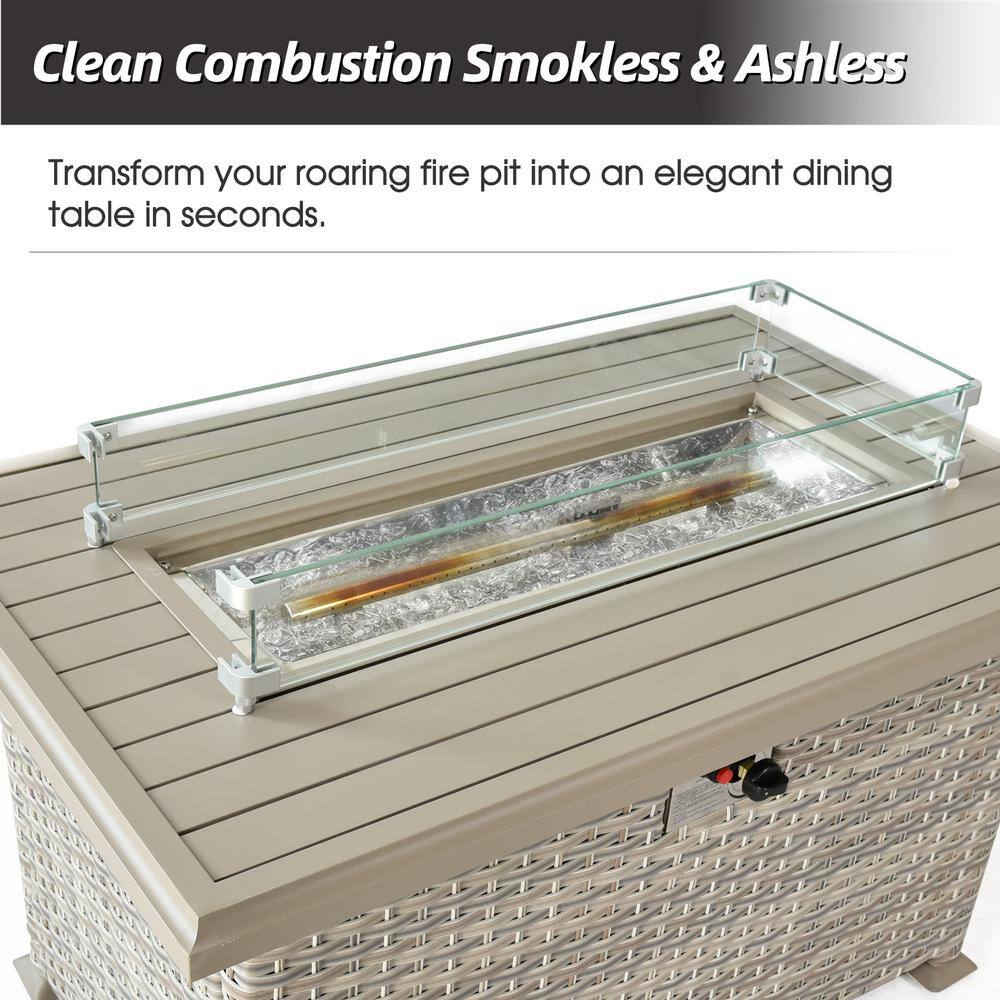 None 43.3 in. W Beige Brown Wicker Gas Fire Table Patio Propane Aluminium Rectangle Gas Fire Pit with Glass Wind Guard