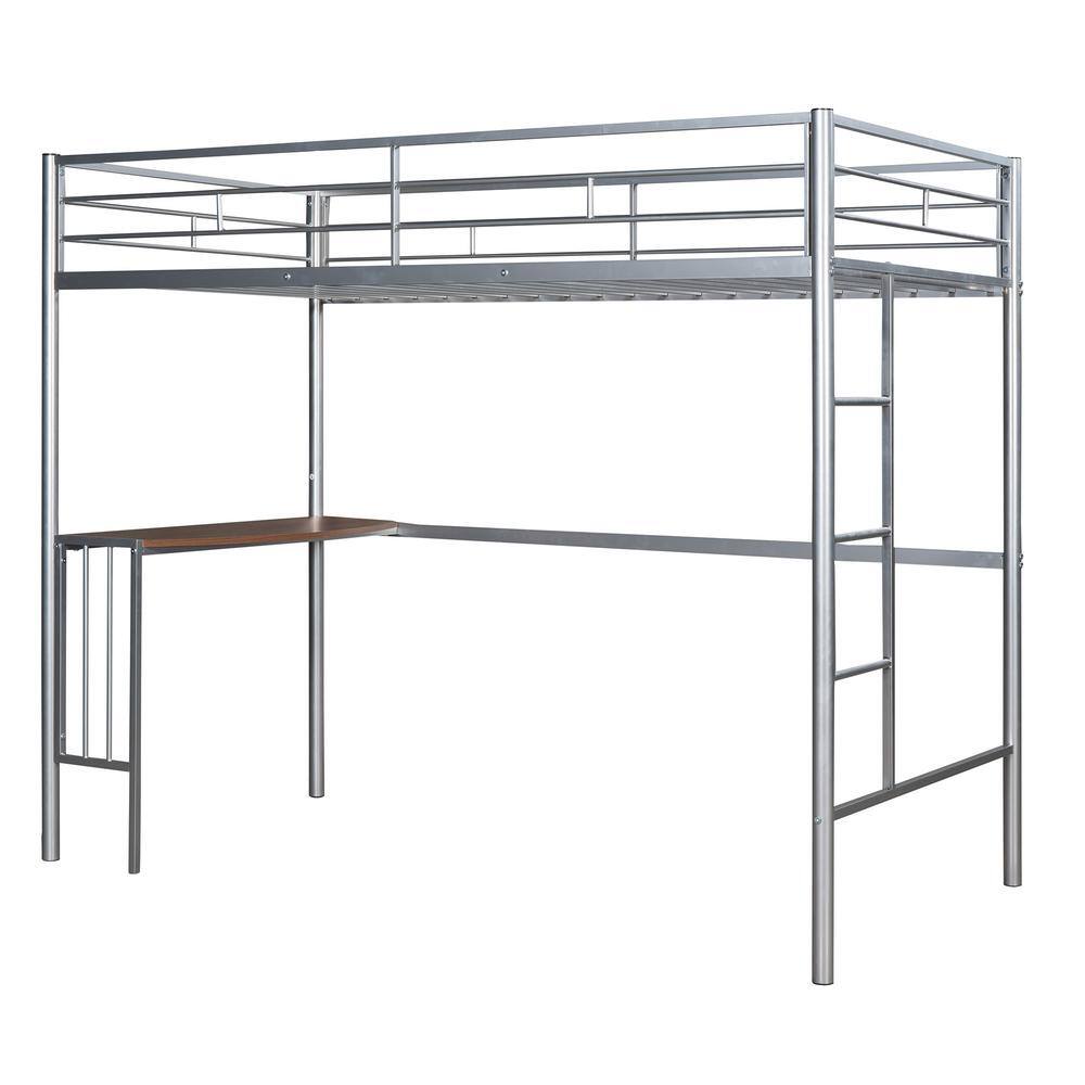 Polibi Twin Over Full Metal Bunk Bed in Silver with Desk, Ladder and Quality Slats