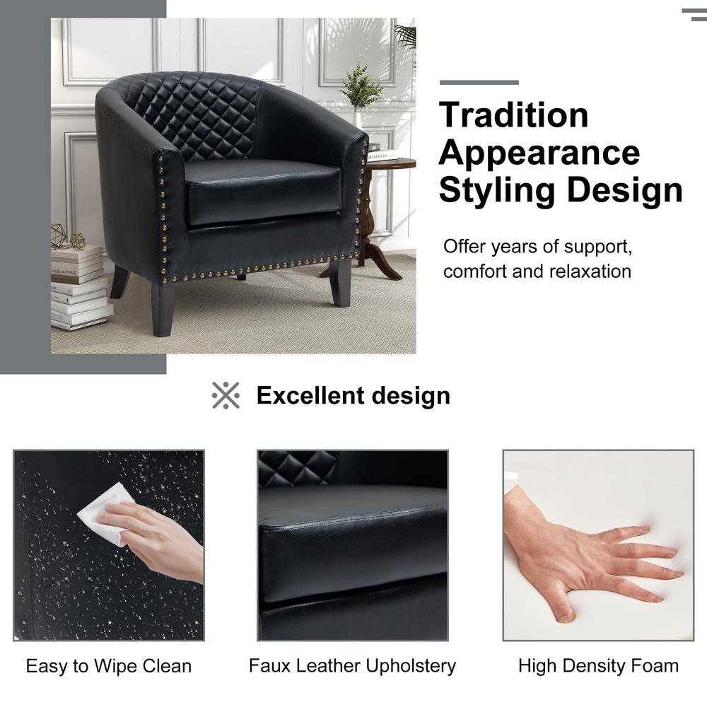 Uixe Mid-Century Black PU Leather Nailhead Trim Upholstered Accent Barrel Chair With Solid Wood Legs