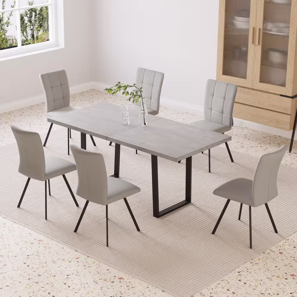 None 7-Piece Extendable Rectangle Dining Table Set MDF Wooden Table with 6-Ligtht Gray Chairs
