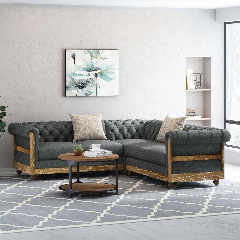 Noble House Petes 87.75 in. 3-Piece Polyester Gray and Dark Brown Sectional