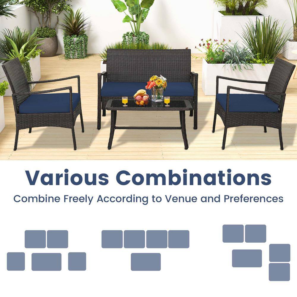 Costway 4-Piece Wicker Patio Conversation Set Rattan Furniture Sofa Armrest Coffee Table with Navy Cushions