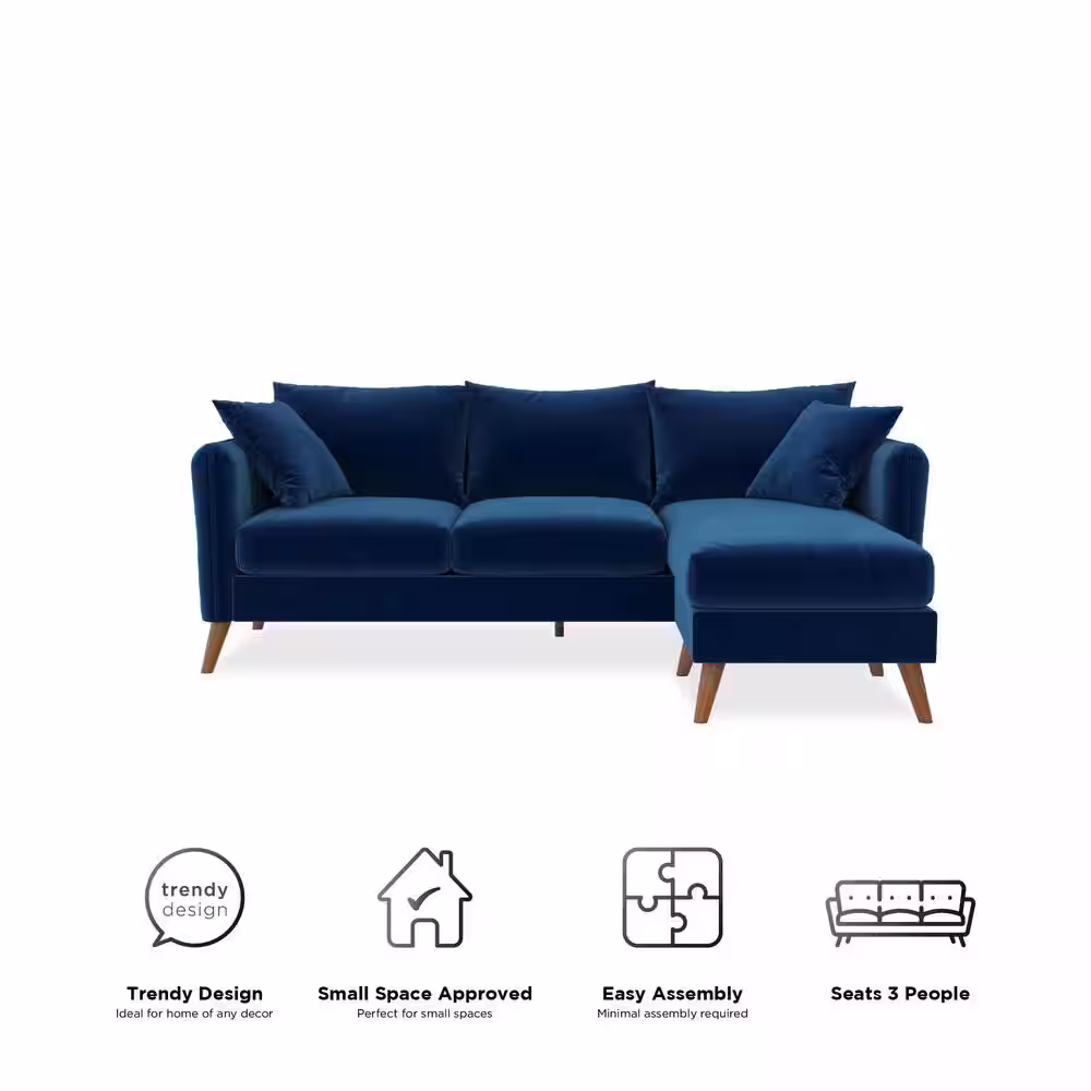 Novogratz Magnolia 84 in. Rounded Arm 1-Piece Velvet L Shaped Reversible Sectional Sofa in Blue w/Pocket Coils and Pillows