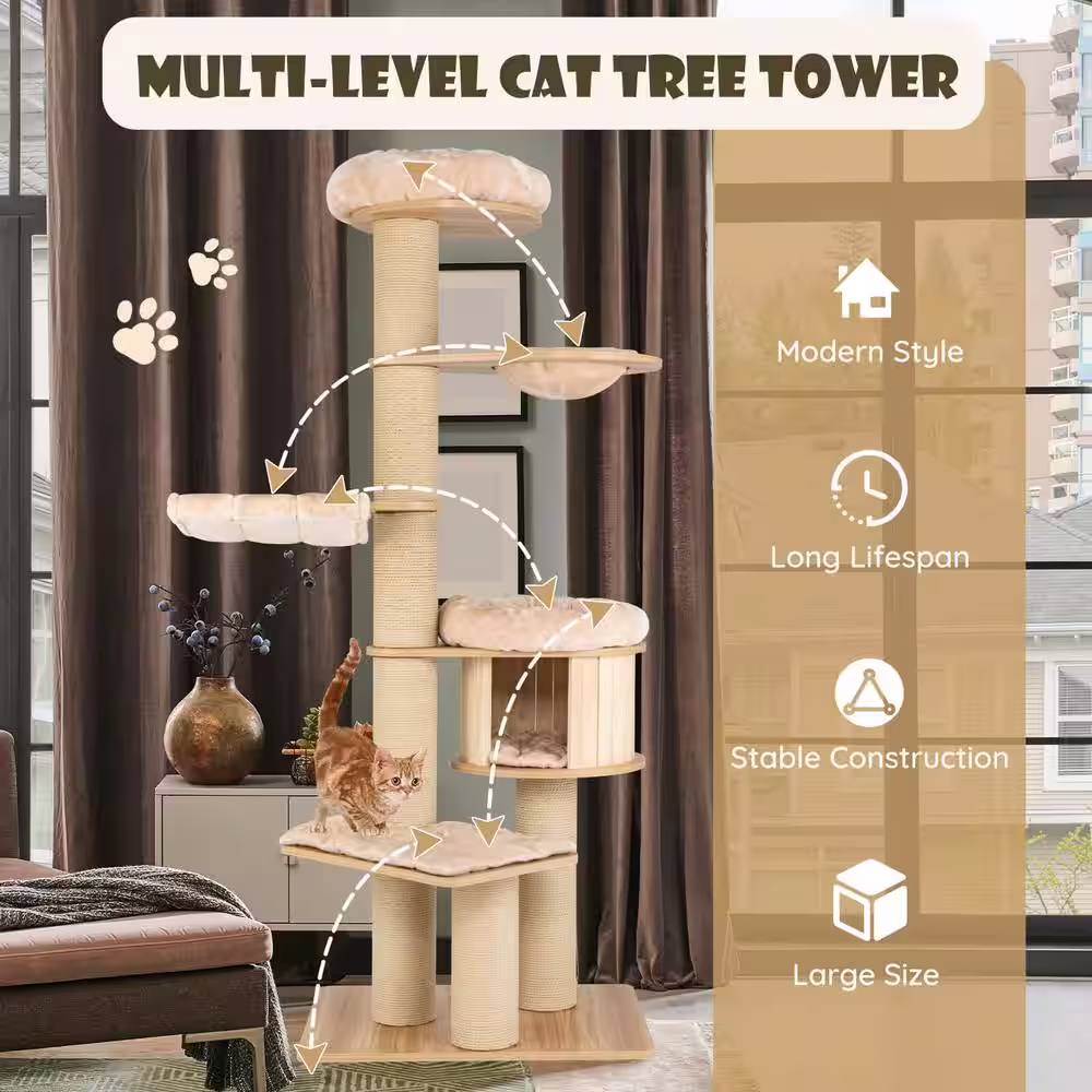 ANGELES HOME Wood Modern Tall Cat Tree Tower with Scratch Posts and Washable Mats