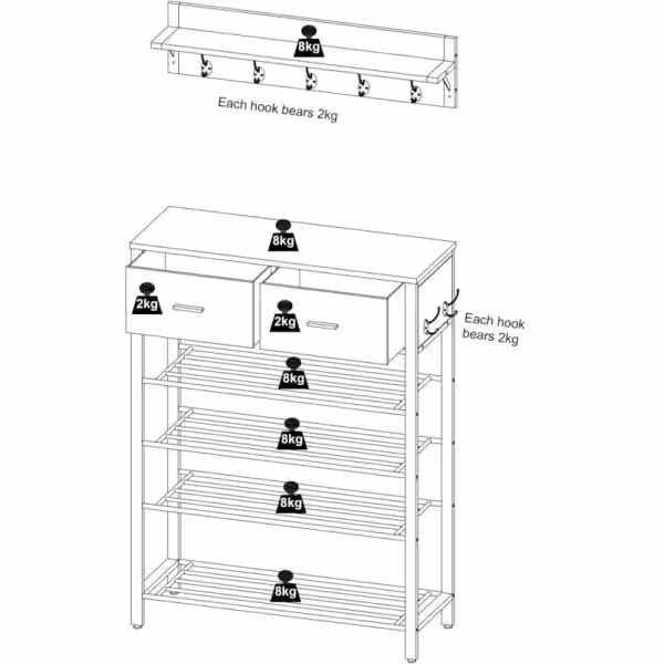 None 42.32 in. H 12-Pair Brown Shoe Rack with Two Drawers and Coat Rack