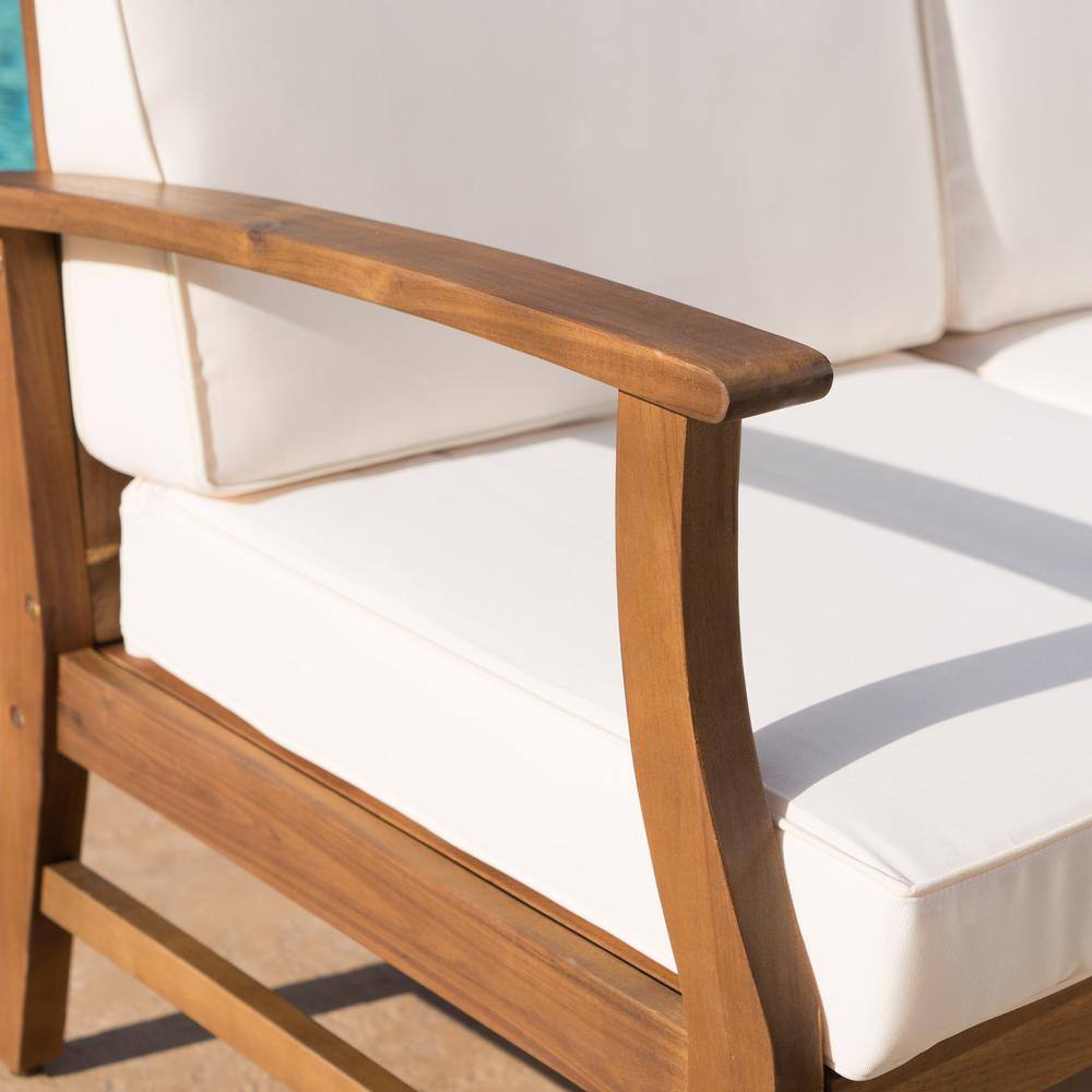 Noble House Perla Teak Brown 4-Piece Wood Patio Conversation Seating Set with Cream Cushions