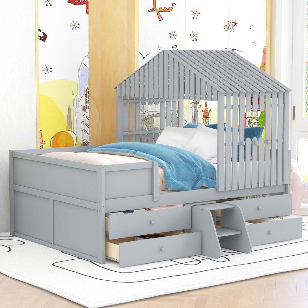 None Gray Full Size Low Floor Kids Bed with Four Drawers, Wooden Frame House Bed with Steps, Full Kids Platform Bed with Roof