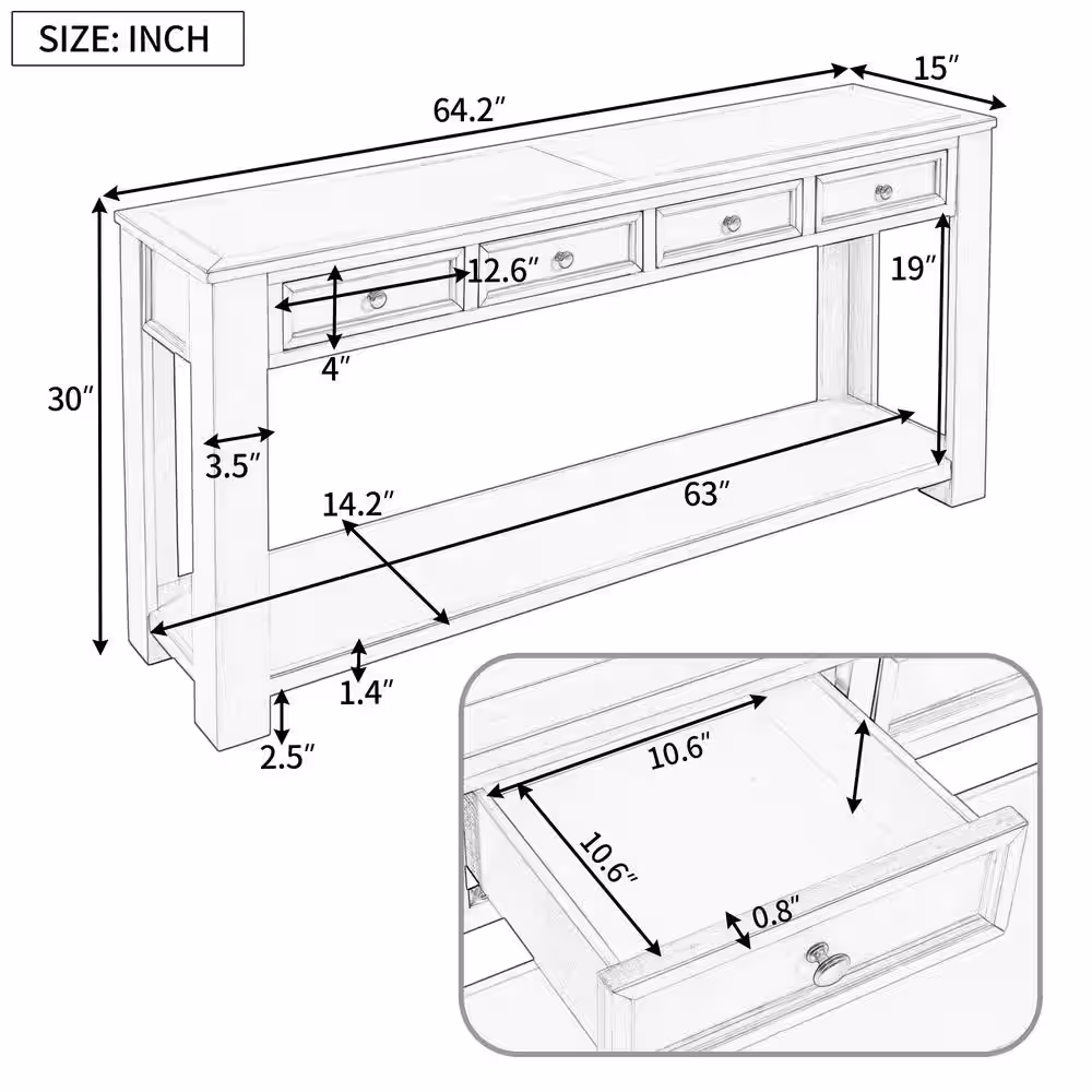 Harper & Bright Designs 64.2 in. Navy Standard Rectangle Wood Console Table with 4-Storage Drawers and Bottom Shelf