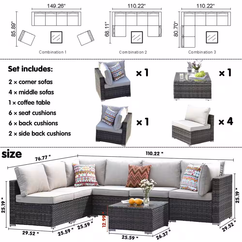OVIOS HOPPISH Gray 7-Piece Wicker Patio Conversation Set with Beige Cushions