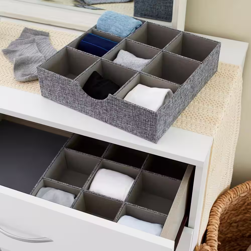 HOUSEHOLD ESSENTIALS 12 in. W x 3 in. H Graphite Linen 1 Drawer Unit 9 Section Hard-Sided Trays (2-Pack)