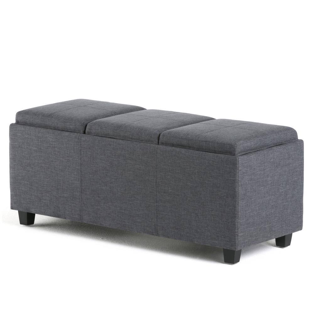 Simpli Home Avalon 42 in. Wide Contemporary Rectangle Storage Ottoman in Slate Grey Linen Look FabricBedroom Bench