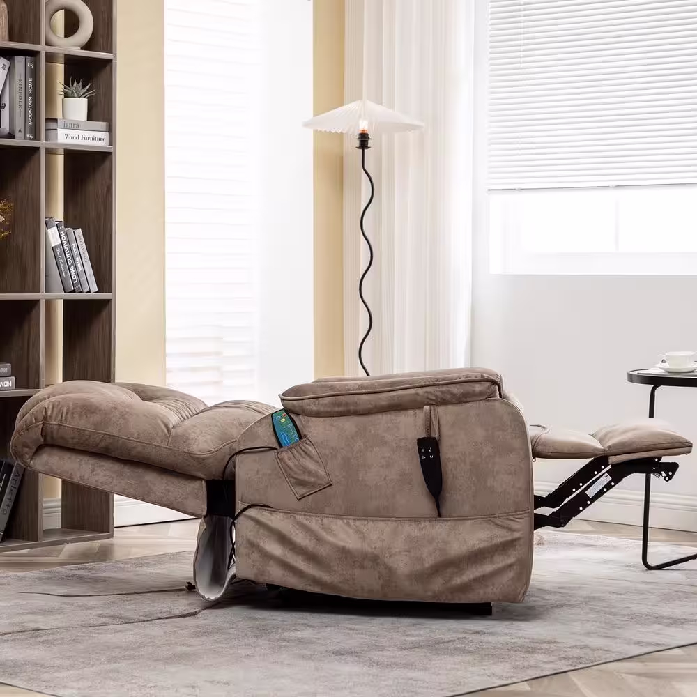 KINWELL Camel Velvet Dual Motor Lay Flat Sleeping Infinite Position Electric Power Lift Heated Massage Recliner